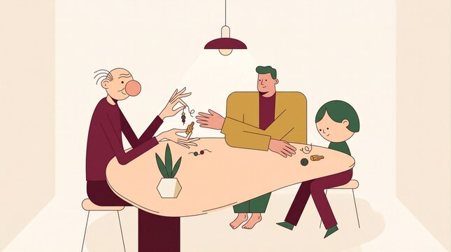 Three Generation Family Sharing Objects and Stories Around Table Flat Vector Illustration