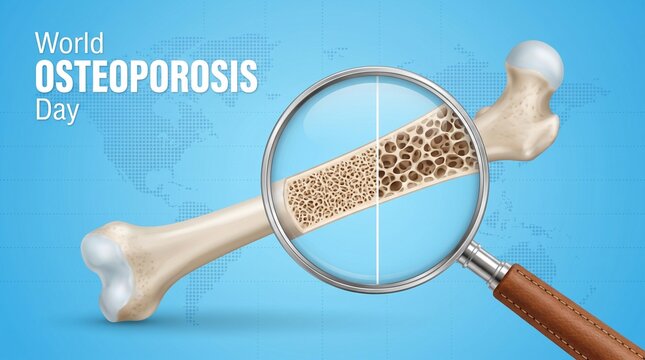 World Osteoporosis Day featuring a human femur bone and a magnifying glass showing a split comparison between healthy dense bone and porous osteoporotic bone over a blue world map background