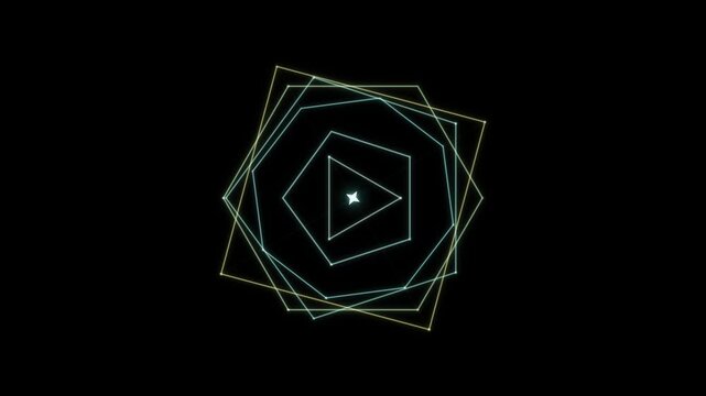 Glowing nested rotated pentagons form a seamless looping spiral on a solid black background