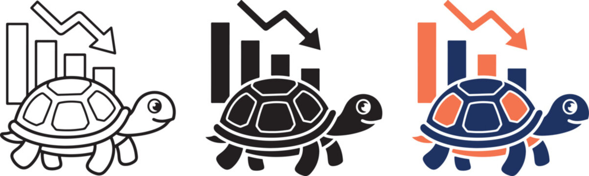 Minimalist turtle icons with declining bar charts representing slow economic growth and market downturn on white background.