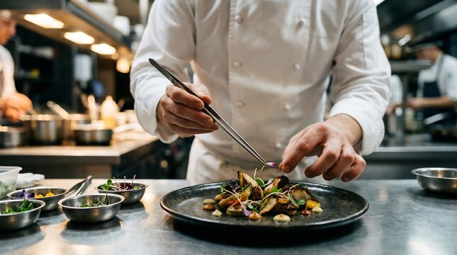 Professional Chef Plating Gourmet Dish with Tweezers in Restaurant