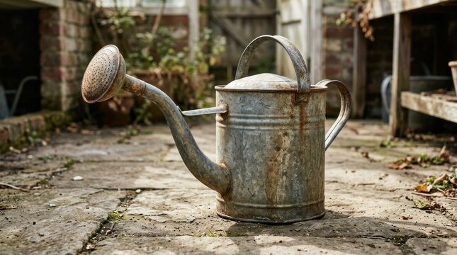 Vintage metal watering can with a weathered rusty texture standing on a stone patio floor in a rustic garden or greenhouse setting, ideal for horticulture and traditional gardening themes.