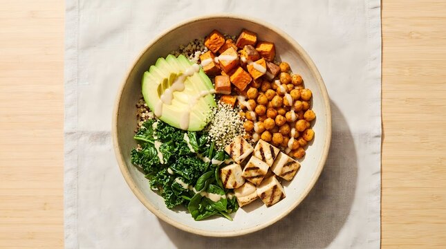 Healthy Vegan Buddha Bowl with Grilled Tofu Sweet Potato Chickpeas Avocado and Kale