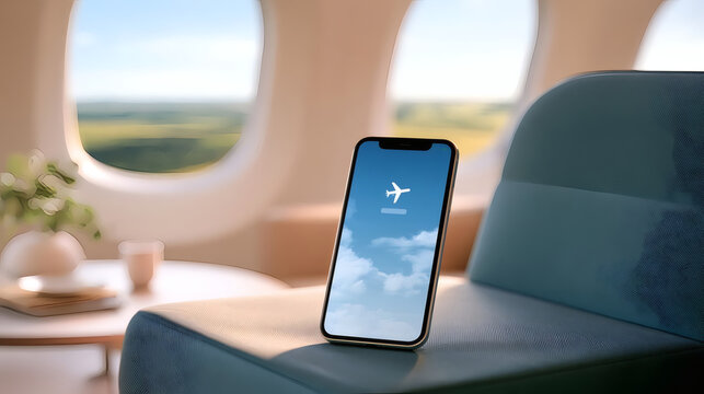 Smartphone with airplane mode on the screen, placed on a seat in an airplane cabin with window view. Concept of travel, technology, and connectivity.