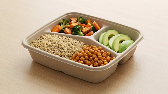Healthy Vegan Meal Prep in Compartment Takeaway Container with Quinoa Chickpeas Avocado and Vegetables