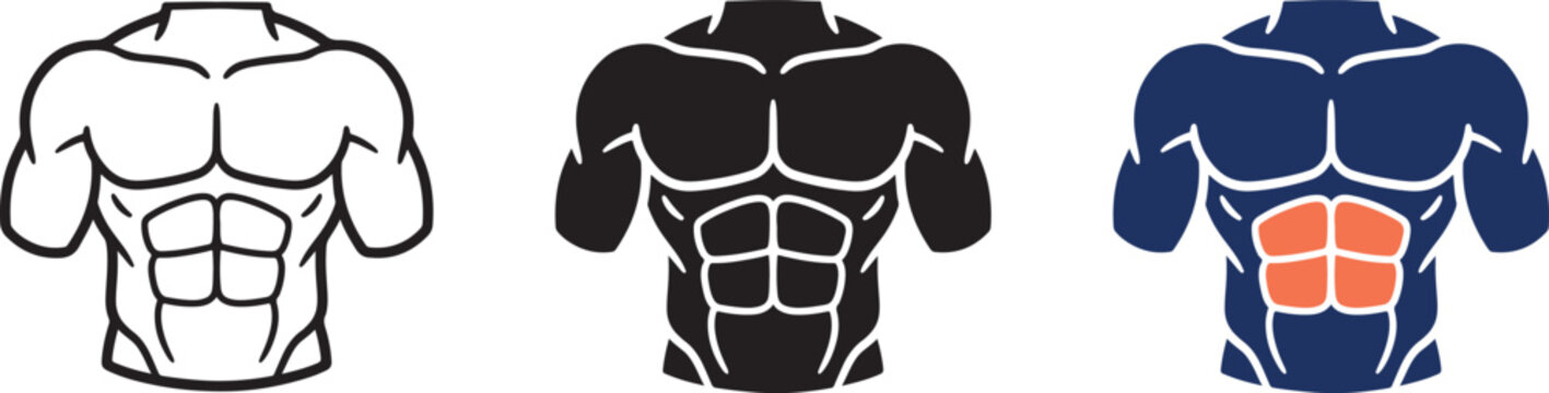 This vector icon set features a muscular male torso with defined six pack abs and strong pecs for fitness and gym branding.