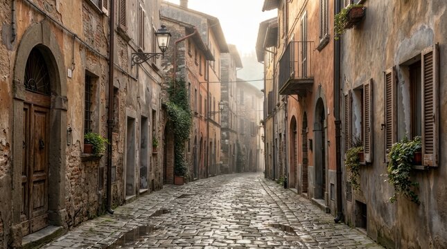 Charming narrow cobblestone street in an old European town at sunrise, featuring historic stone buildings with rustic wooden shutters, lush green plants, and a soft misty morning atmosphere.