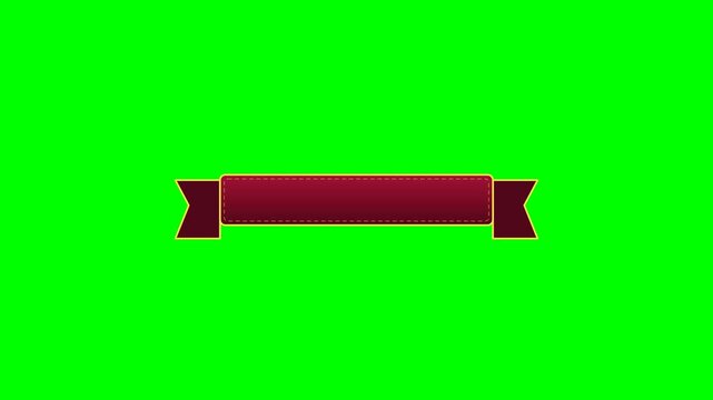 Unfolding blank burgundy promo vector ribbon banner with gold outline and light sweep shine effect on green screen.
