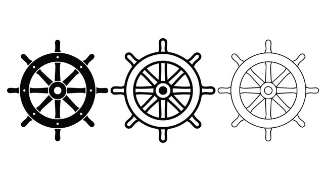 Vector illustration of set of three ship steering wheels in different styles on a transparent background