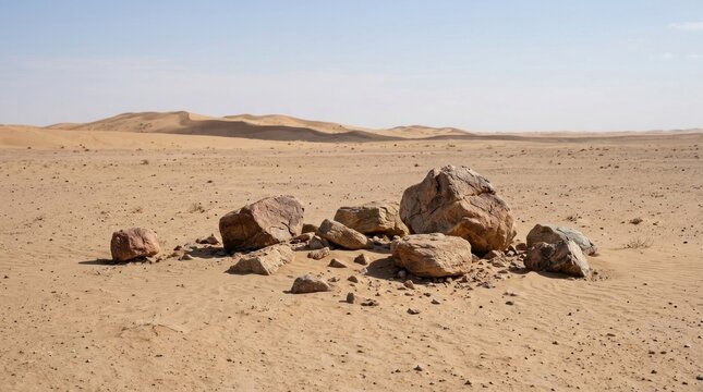 Large brown rocks and boulders scattered across the vast arid desert sand with rolling sand dunes under a clear sky in a dry wilderness landscape, ideal for nature and travel backgrounds.