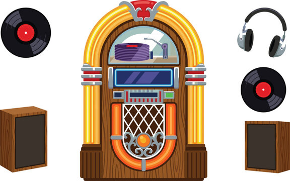  Retro Music Equipment Vector Set Featuring Vintage Jukebox Neon Lights Vinyl Records Wooden Speaker Boxes and Audio Headphones Icons