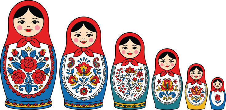 Russian Nesting Doll Vector Set with Traditional Matryoshka Babushka Dolls in Decreasing Sizes with Colorful Floral Patterns for Cultural Graphic Designs