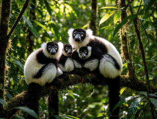 Fototapeta premium Group of black, white ruffed lemurs sit on mossy tree branch in Madagascar rainforest. Four primates rest together in tropical jungle. Wild animals look at camera in dense green forest habitat during