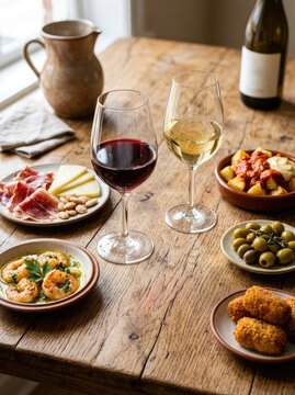 Tapas assortment, varying wines, rustic wooden table, small plates, red and white wine glasses, sampling and tasting experience, close-up view, dining, tapas, shared