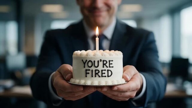 Close-up of a small cake with black lettering YOU'RE FIRED held by a hypocritically smiling employer. Concept of workplace betrayal, toxic management and hidden hostility in professional relationships