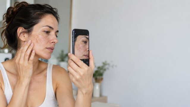 Young woman in casual tank top examining face skin condition using smartphone mirror indoors at home