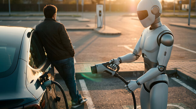 Humanoid robot charging electric vehicle at outdoor parking station