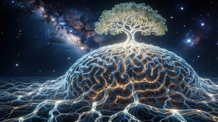 Fototapeta premium Glowing tree grows on brain shaped hill in deep space. Neural network roots spread across blue landscape like nervous system. Cosmic forest with golden light represents human intelligence, mental