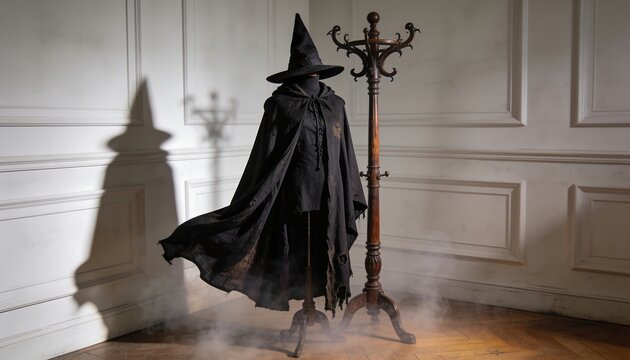 Generative AI a spooky witch costume with a pointy hat black cloak and broomstick standing on a