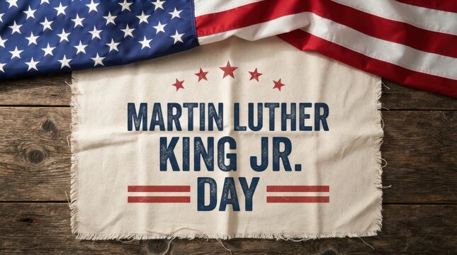 Fabric banner with Martin Luther King Jr. Day text and American flag on rustic wooden boards