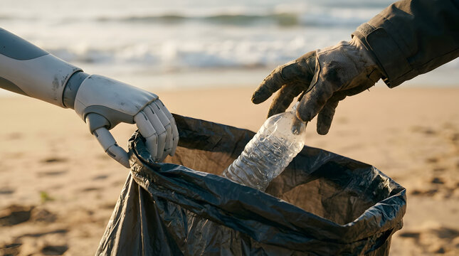 Robot hand and human hand collecting plastic bottle in trash bag on