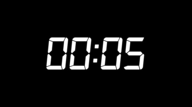 Digital led timer clock counting up on black background, minimalist white seven-segment display for time and duration