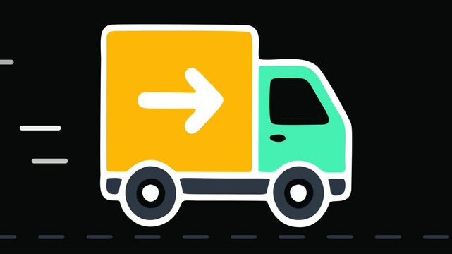 Flat sticker-style delivery truck with a yellow cargo box and green cab on a black background. The truck drives in place: the road dashes rush past, white speed lines streak behind it, the body bounce