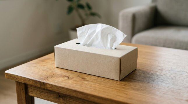 A minimalist brown cardboard tissue box sitting on a polished wooden coffee table in a bright, modern living room interior, offering a clean and organized home decor concept for daily lifestyle.