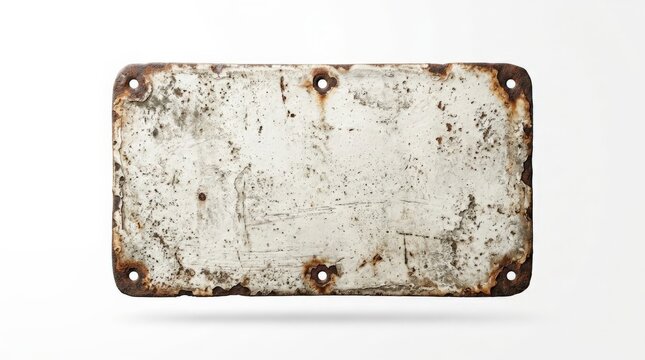 This rectangular iron plate showcases a distinct rust texture metal surface with weathered white paint chipping off, featuring four mounting screw holes on a plain white background