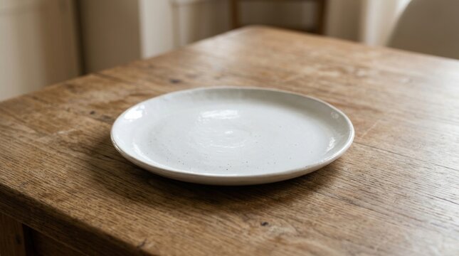 Empty white handmade ceramic plate on a rustic wooden dining table, minimalist tabletop layout with natural soft lighting and copy space for food photography, restaurant, or home kitchen concept.