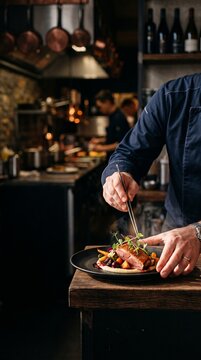 Professional chef carefully plating gourmet duck breast dish with tweezers inside busy restaurant kitchen setting
