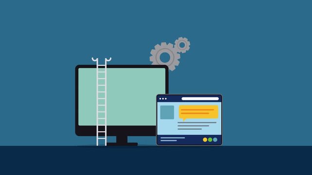 Digital workspace concept with computer monitors and gears on blue