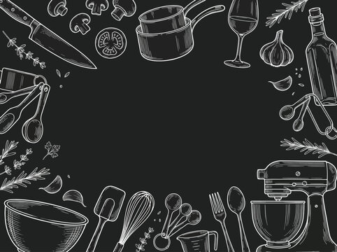 Chalkboard cooking utensils and ingredients border for culinary design.