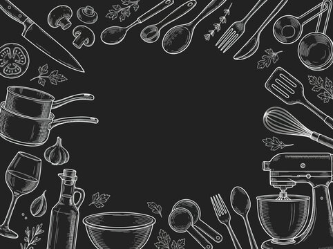Chalkboard kitchen utensils and cooking ingredients border design.
