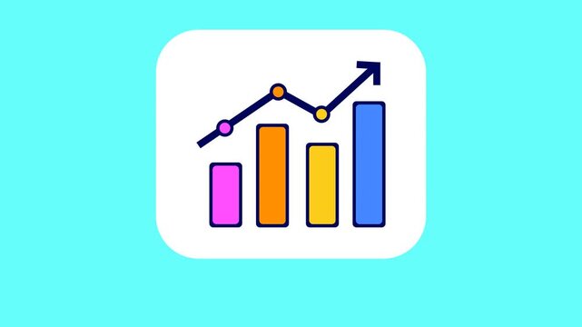 Flat bold-outline bar chart with pink, orange, yellow and blue bars and a navy trend line with an arrow, on a white rounded tile over a bright cyan background. The chart builds itself twice per loop: