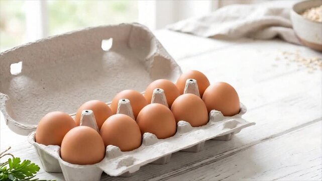 Brown eggs in an open carton on a farmhouse table. Fresh food and cooking ingredient. Breakfast and baking staples. Farm produce and wholesome eating. Rustic kitchen still life.