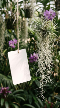Hanging air plant with wooden hanger and blank chalkboard tag in garden