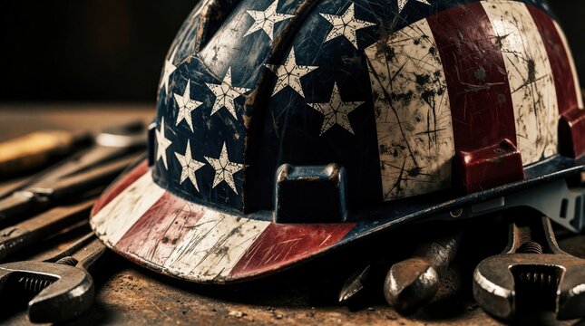 Dirty American hard hat with US flag pattern lies on wooden table near metal tools. Worn construction helmet features stars, stripes. Industrial safety gear sits among wrenches, screwdrivers at work