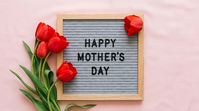 Happy Mothers Day sign on grey felt board with fresh red tulips
