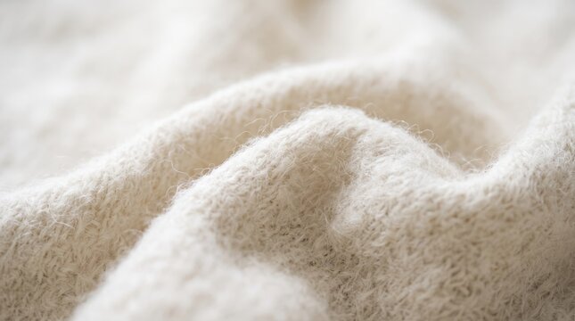 Close-up texture of soft white knitted wool fabric, cozy sweater material, warm winter clothing detail, fuzzy yarn pattern, comfortable textile background for fashion design and