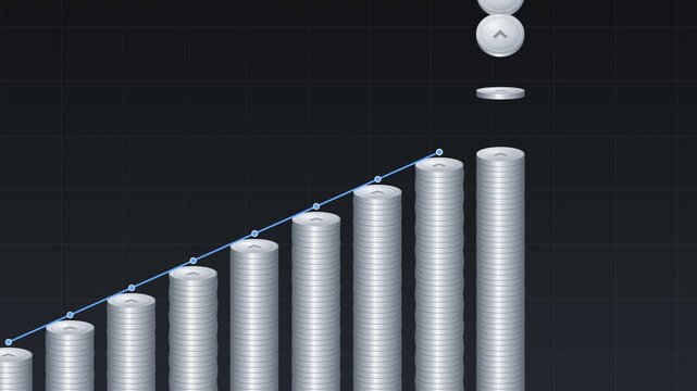 Premium vector animation of gold coins pouring into stacks that build a rising bar chart. A final coin wobbles to rest, the trend line extends and the camera steps up, creating endless financial growt