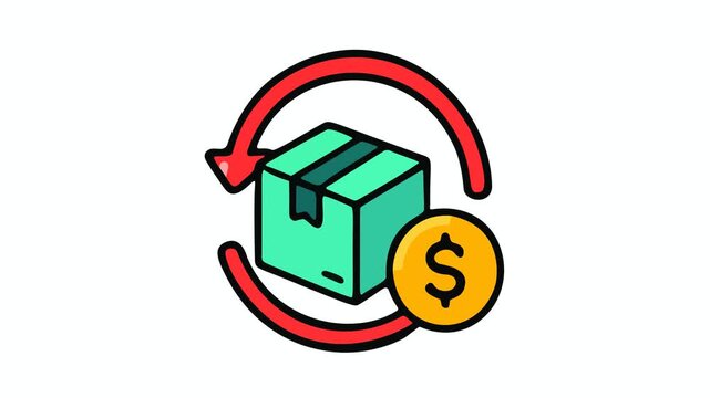 Flat bold-outline icon of a parcel box inside two red circular arrows with a gold dollar coin, on a clean white background. Light streaks keep flowing around the return arrows, the coin spins and land