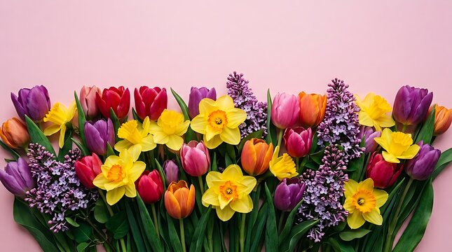 Beautiful bouquet of colorful spring flowers including tulips daffodils and purple lilac on a soft pink background