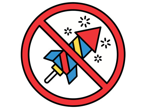 No fireworks allowed sign with a rocket icon inside a red prohibited circle.