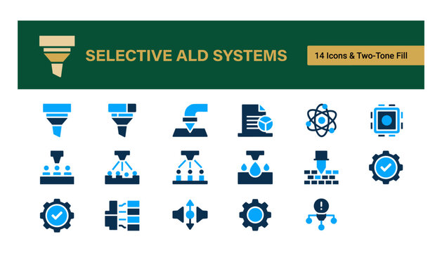 Selective ald systems icon set featuring industrial manufacturing and engineering symbols