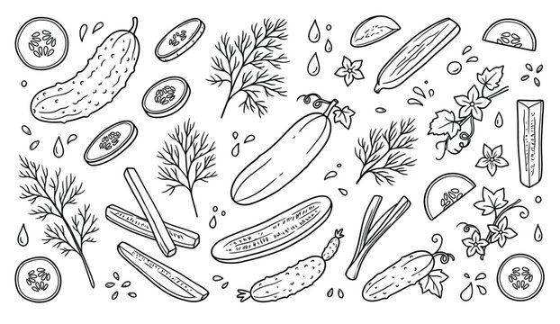 Hand drawn cucumber line art set, vintage vegetable sketch clipart, fresh cucumber slices and dill herb vector illustration for menu design
