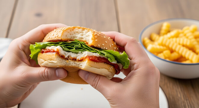 Person holding bitten hamburger with fries