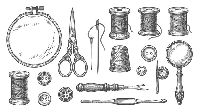 Vintage sewing tools collection, hand drawn vintage tailor equipment set, engraved embroidery accessories clipart vector illustration