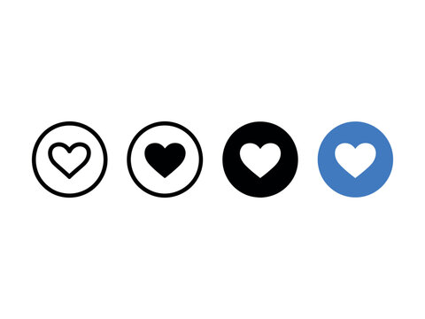 Heart icon set with simple love pictograms representing likes, favorites, romance, care, health, relationships, and social media interaction design
