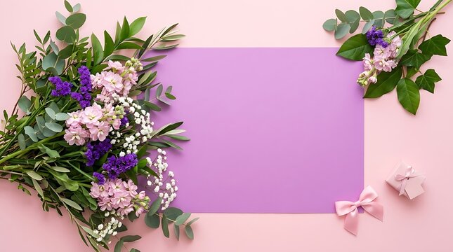 Flat lay composition with spring flowers and a purple paper frame on a pink background